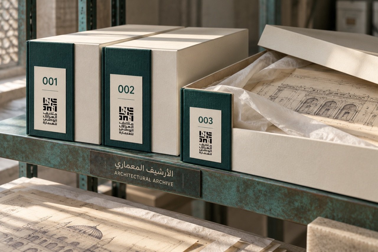صناديق أرشيف عاجية بظهور زمردية على رف نحاسي، وبداخلها مخططات معمارية