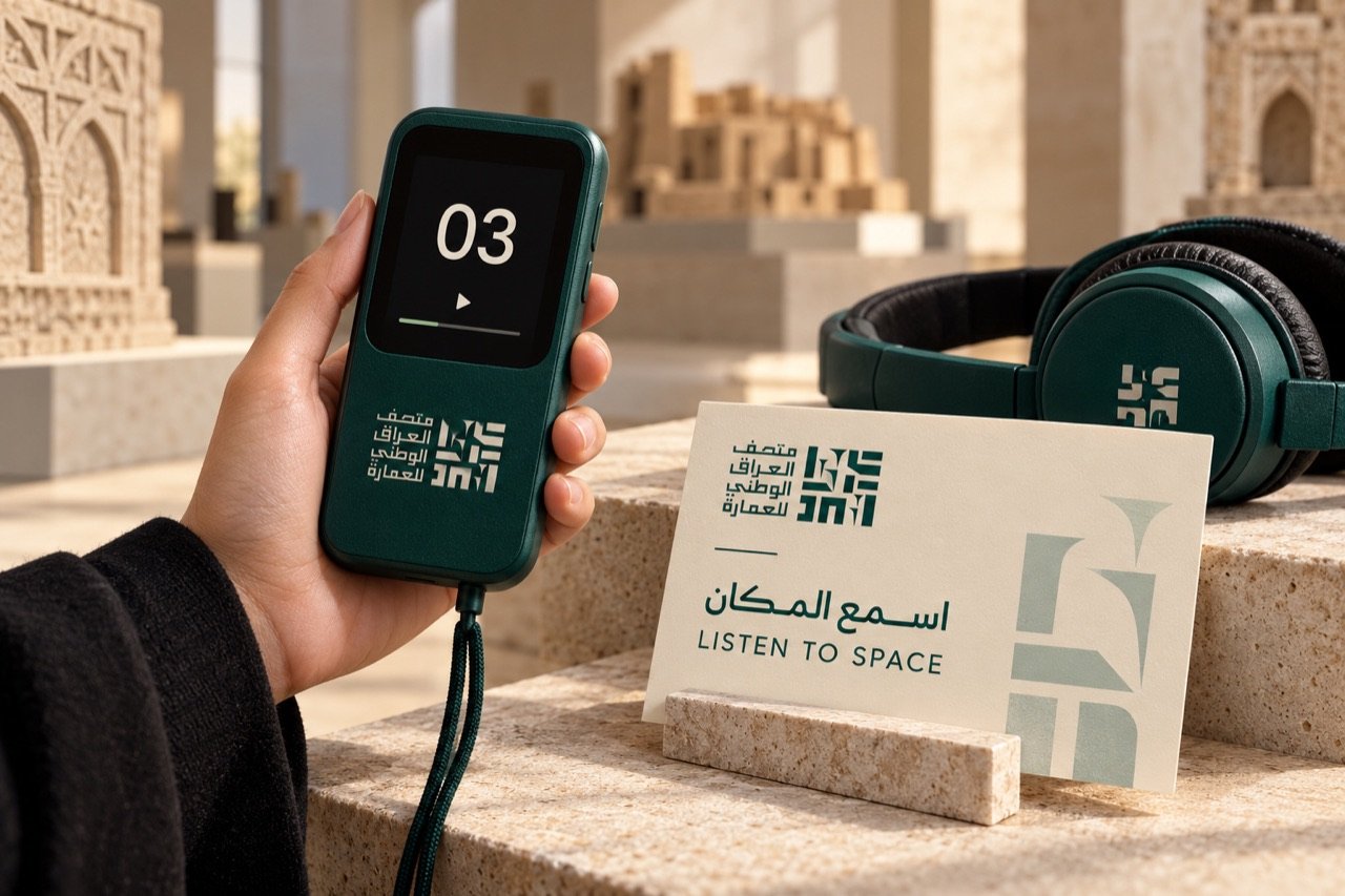 جهاز دليل صوتي أخضر وسماعات وبطاقة «اسمع المكان»
