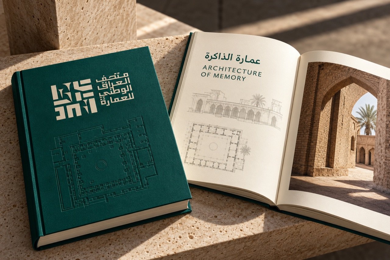 كتاب بغلاف زمردي عليه مخطط فناء محفور وصفحات داخلية برسم وصورة قوس طابوقي