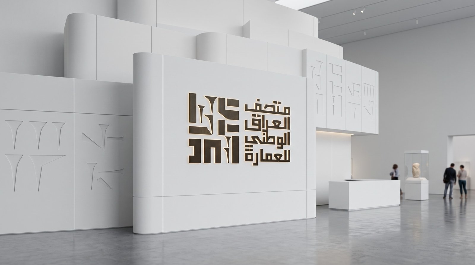 قاعة عرض بيضاء بجدار يحمل الشعار الكوفي