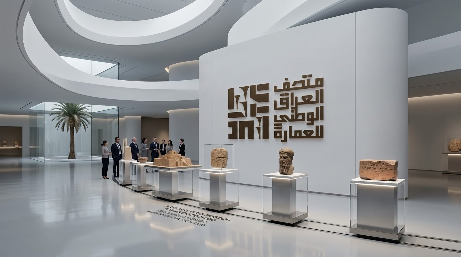 قاعة عرض واسعة بجدار الشعار وقطع معروضة على منصات