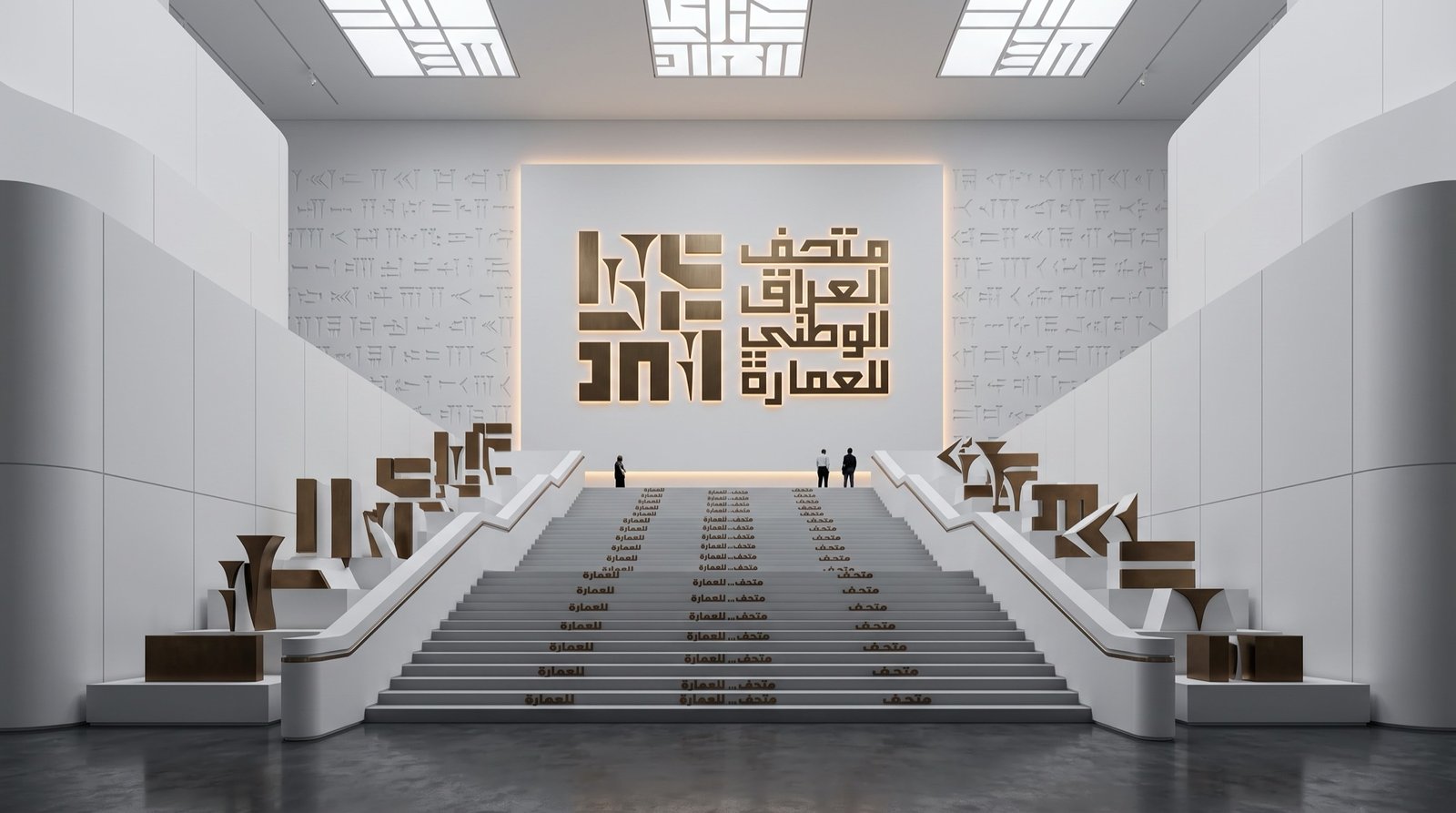 قاعة كبرى بدرج عريض يؤدي إلى جدار يحمل شعار المتحف